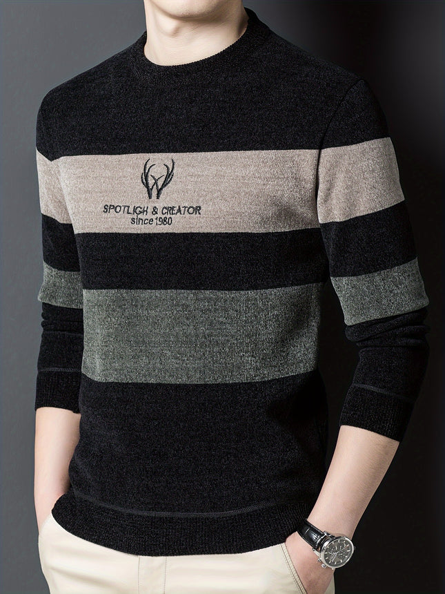 Mens Casual Striped Crew Neck Sweater Long Sleeve Pullover