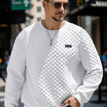 Mens Textured Grid Pattern Long Sleeve Crew Neck Polyester