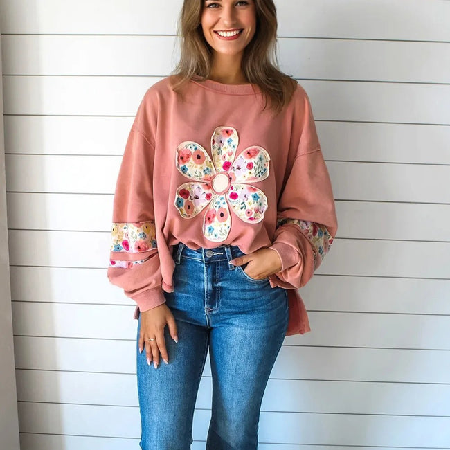 Peach Blossom Floral Applique Baggy Pullover Sweatshirt Hover Image