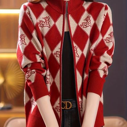 Argyle Pattern Cardigan Zip Up For Fall And Winter Clothing