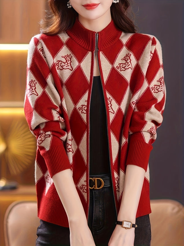 Argyle Pattern Cardigan Zip Up For Fall And Winter Clothing