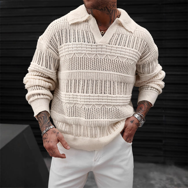 Men's Solid Color V-neck Street-like Lapel Hollow Knitwear Hover Image