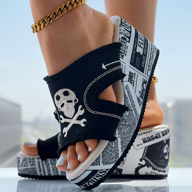 Newspaper Skull Original Hem Platform Wedge Slides - Anklet Not Included Hover Image