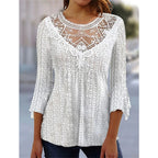 2023 Summer New Comfortable Leisure Hollow Out Perspective Lace Splicing Seven Quarter Sleeve Top