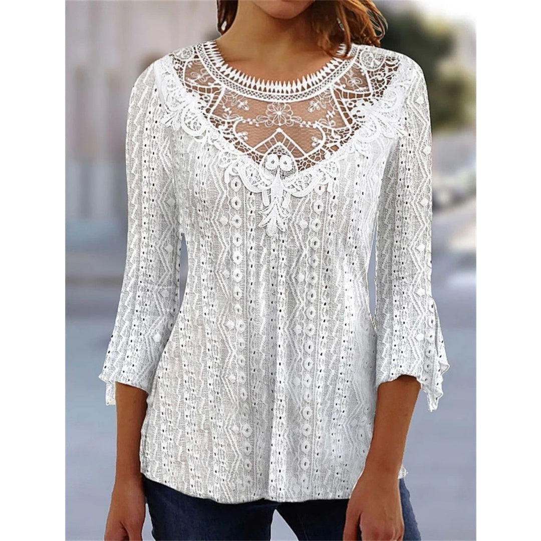 2023 Summer New Comfortable Leisure Hollow Out Perspective Lace Splicing Seven Quarter Sleeve Top