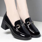 Dark Green Glossy Chunky Heel Metal Buckle Loafers For Women