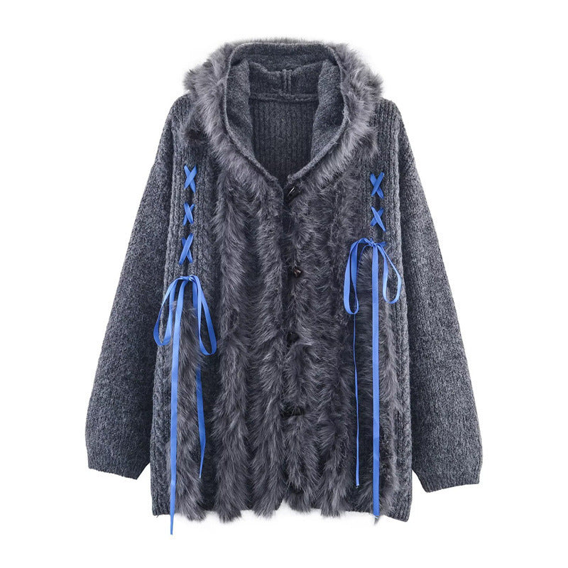 Cool Strap Decorative Hoodie Horn Button Knitted Coat