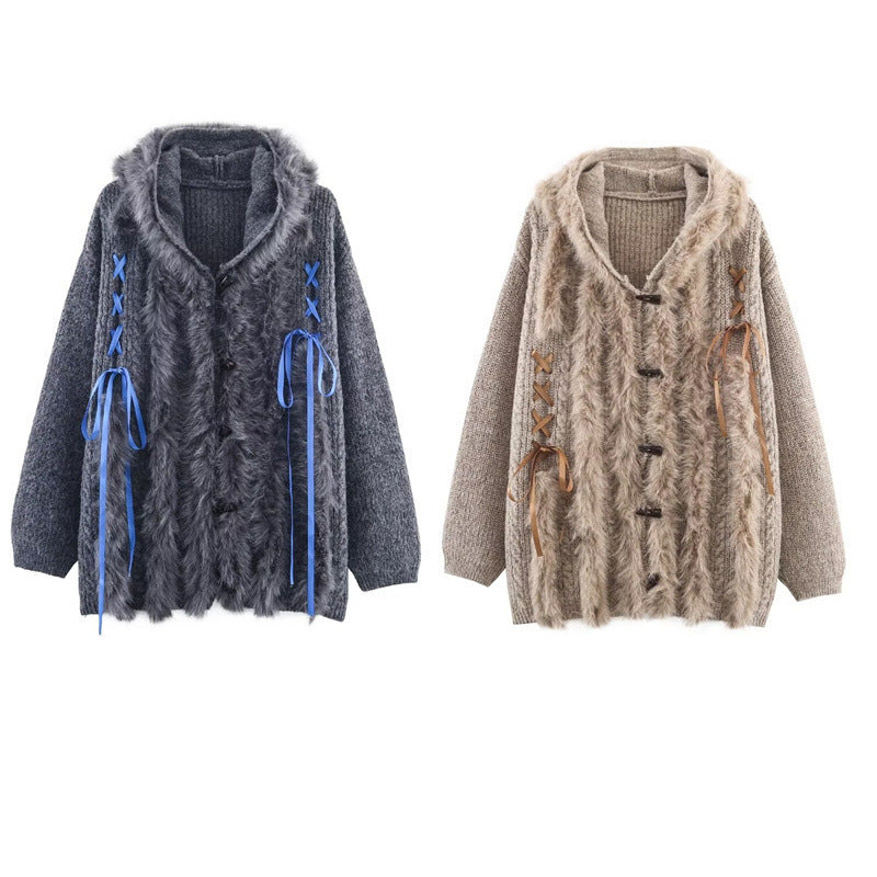 Cool Strap Decorative Hoodie Horn Button Knitted Coat