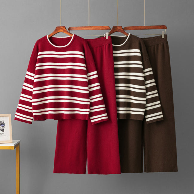 Casual Striped Loose Sweater Wide Leg Pants Two-piece Set Hover Image