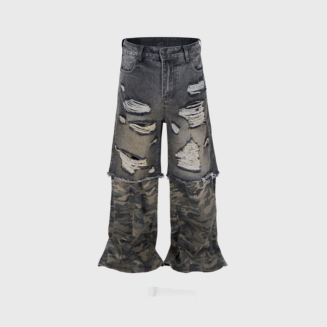 Camouflage Stitching Micro-pull Wide Leg Ripped Ripped Jeans Hover Image