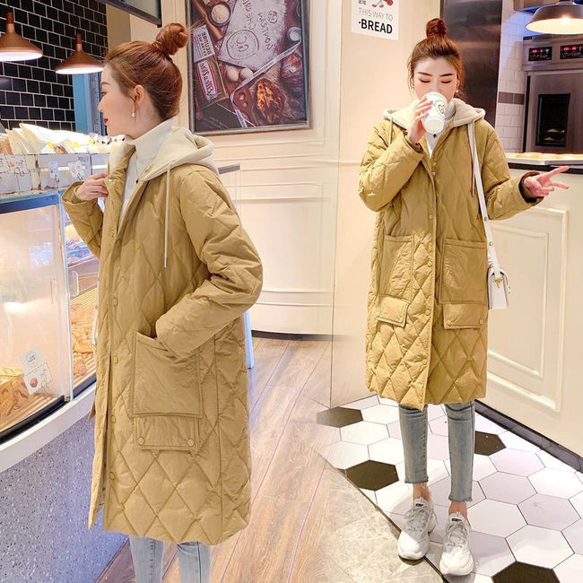 All-matching Cotton-padded Women's Over-the-knee Rhombus Plaid Loose Plus Size Hooded Jacket Hover Image