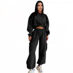 European And American Autumn New Round Neck High Waist Sweater Pocket Loose Sweatpants Suit