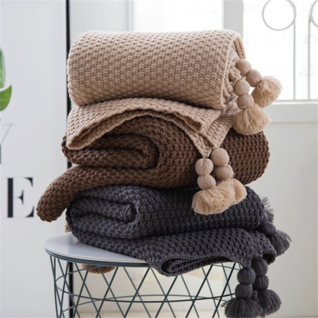 Nordic fringed knit ball blanket wool blanket office air conditioning lunch break blanket shawl blanket sofa leisure blanket blanket Hover Image
