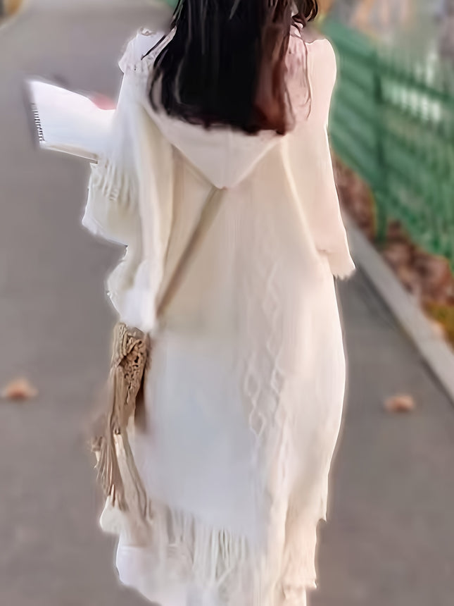 Hooded Cape Sweater With Tassel Trim Poncho For Women