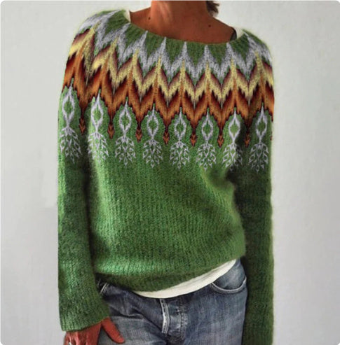 Women's Fashion Round Neck Multicolor Loose Leisure Pullover Knitwear Sweater