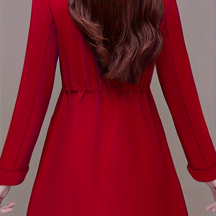 Women's Red Long Sleeve Button Up Shirt Jacket With Lapel