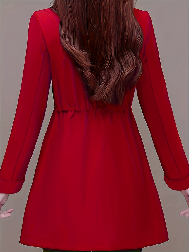 Women's Red Long Sleeve Button Up Shirt Jacket With Lapel