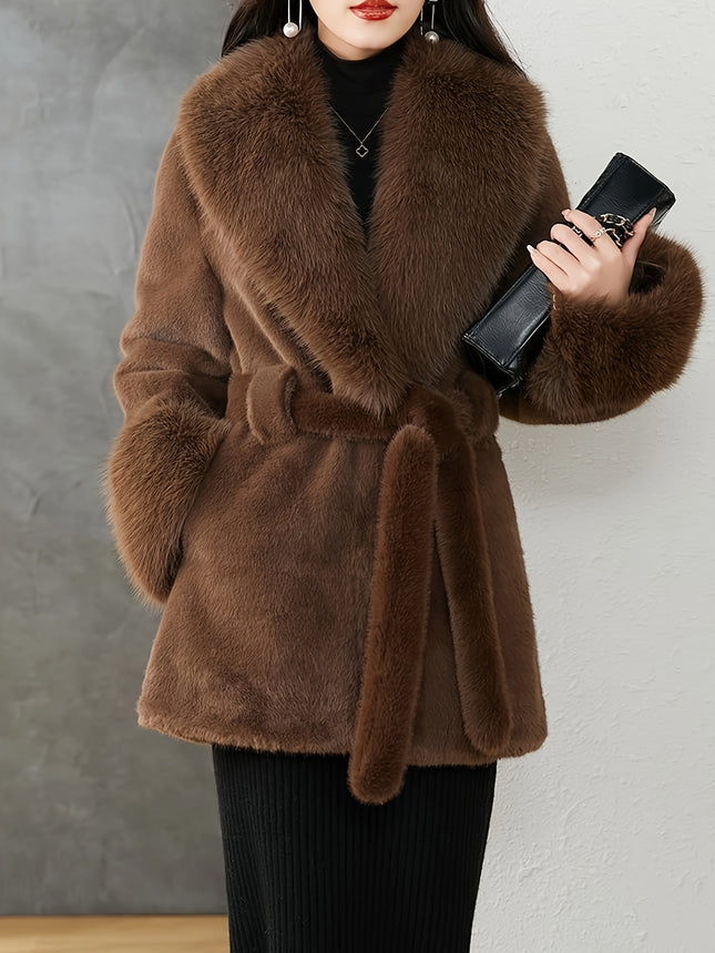 Womens Winter Fur Lined Coat With Oversized Hood And Belt