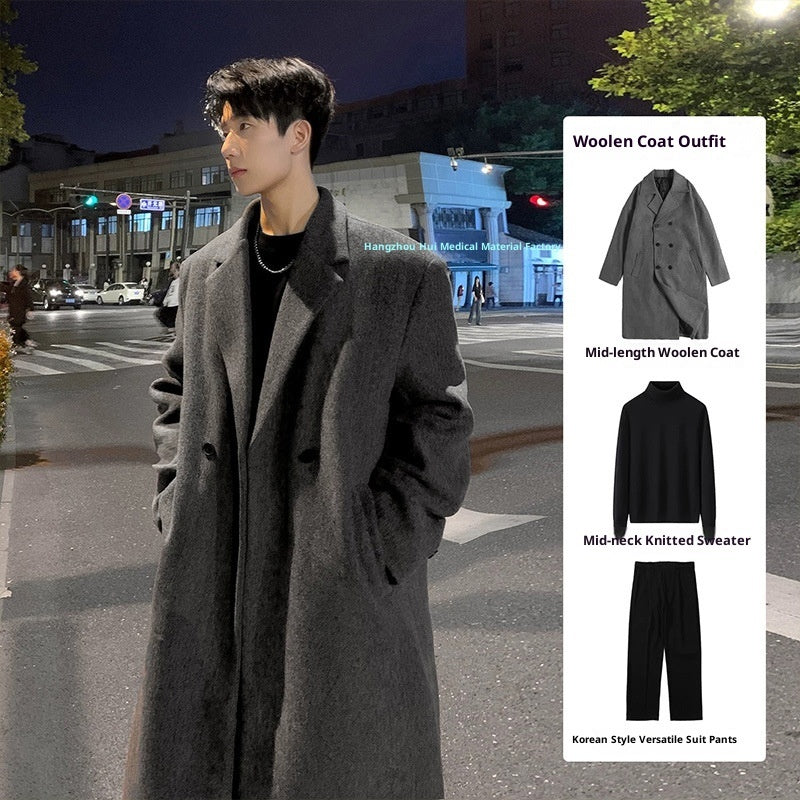 Mid-length Thick Loose Below The Knee Korean Style Trench Coat Suit Woolen Coat