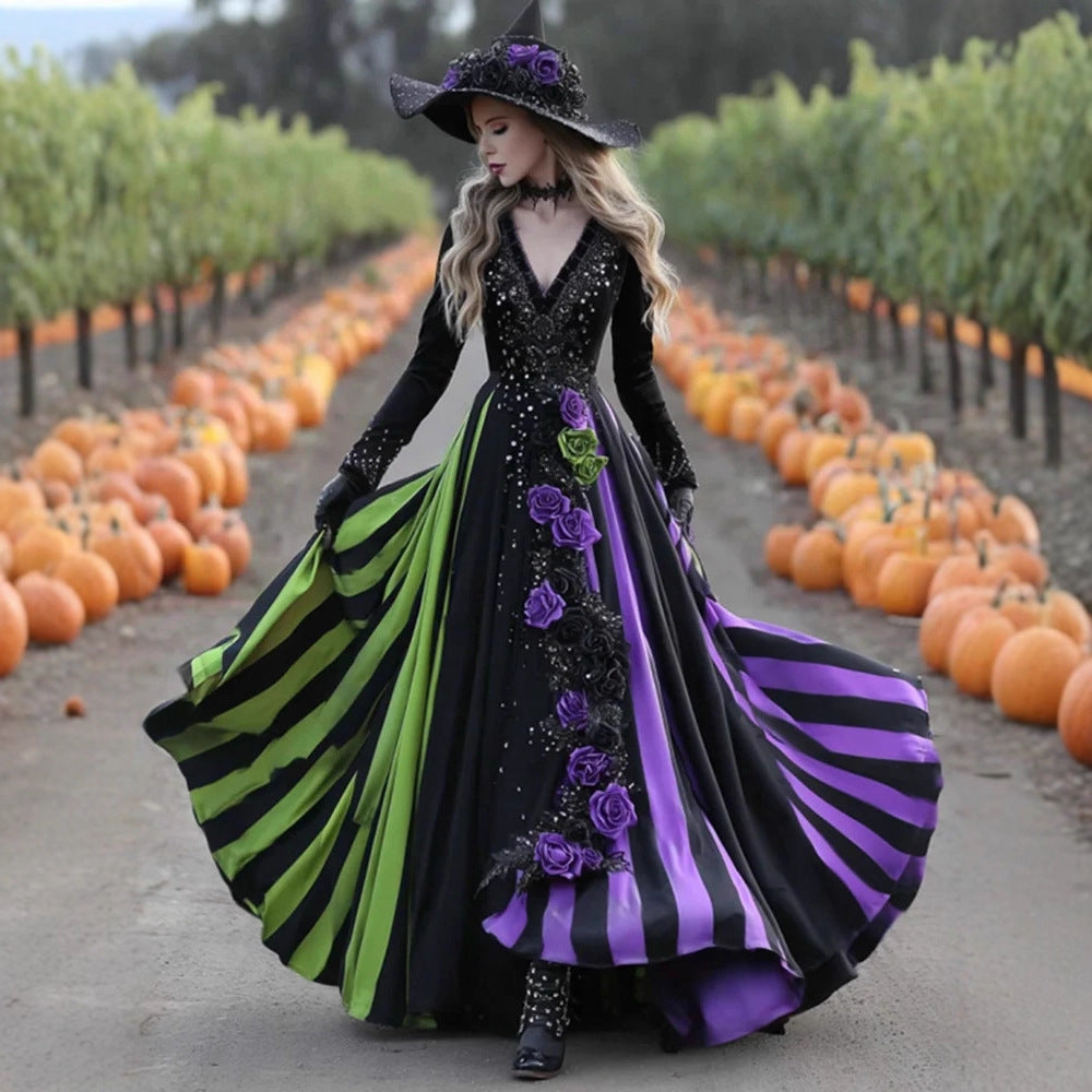 V-neck Long Sleeve Dress Large Swing Dress Halloween Dress