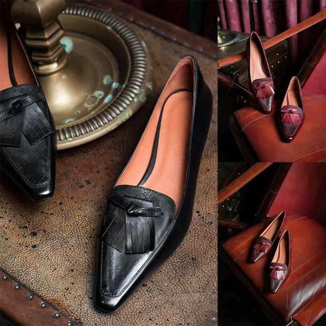 Cowhide Retro Women's Low Heel Low-cut Thick Heel Flat Loafers Main Image