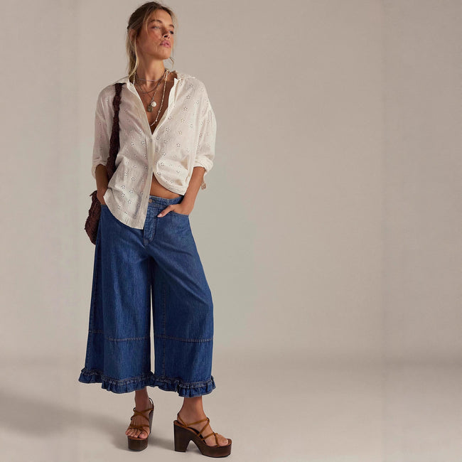 New Women's Wide-leg Cropped Lace Jeans Main Image