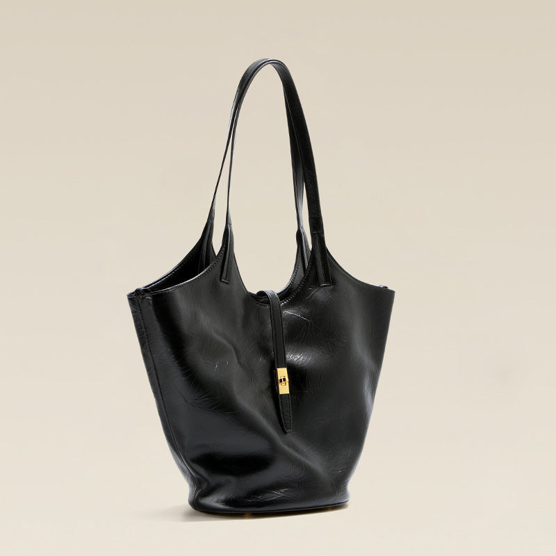 Niche Premium Black Large Capacity Leather One-shoulder Bucket Bag