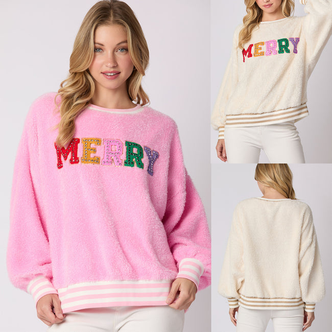 Letter Rhinestone Long Sleeve Pullover Hoodie Round Neck Hover Image