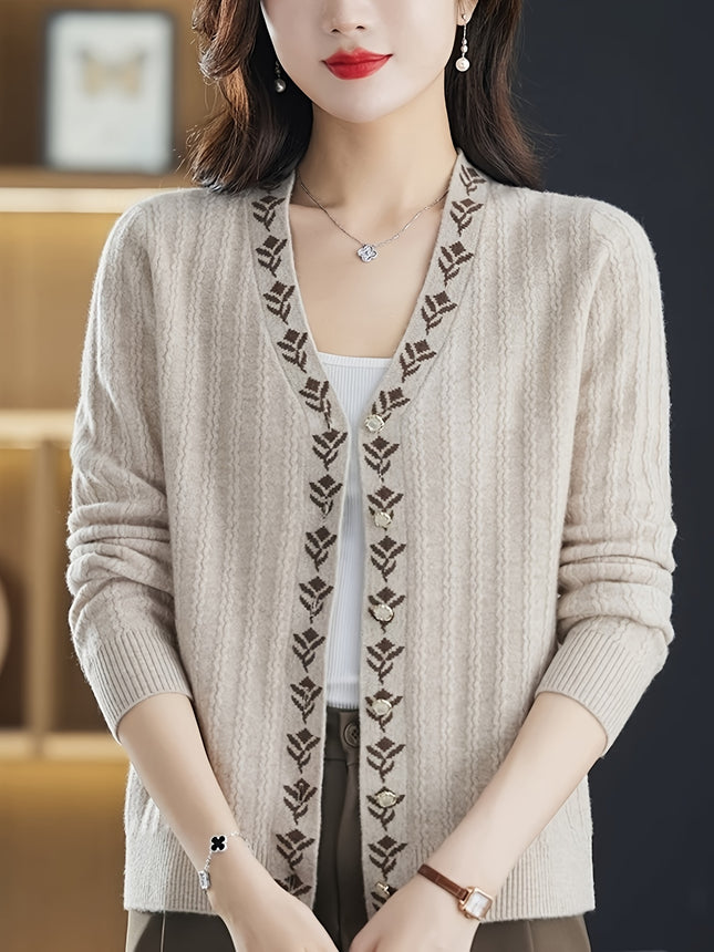 Chic Brown Floral Jacquard V Neck Cardigan for Women