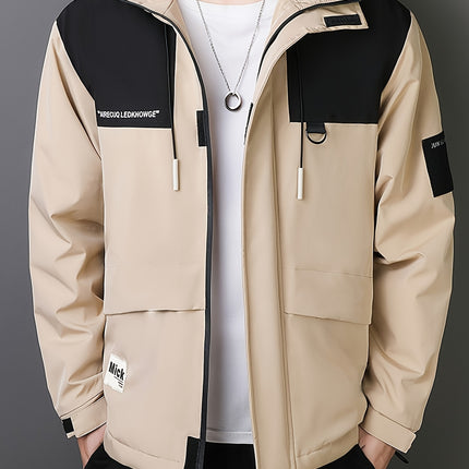 Mens Hooded Windbreaker ColorBlock Zip Up Spring Fall