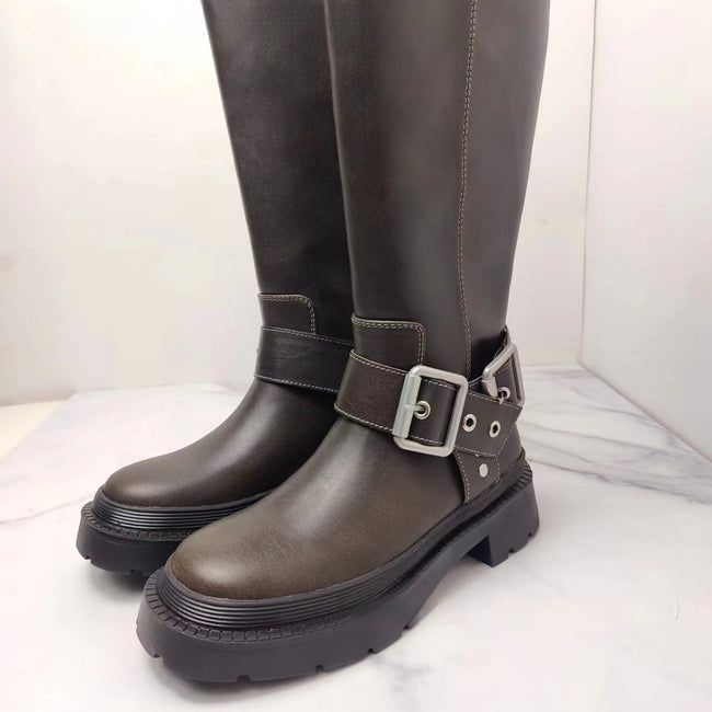 Women's Brown Retro Height Increasing Buckle Decoration High Knight Platform Boots Main Image