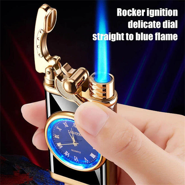 New Lighter With Electric Watch Rocker Arm Automatic Ignition Straight Blue Flame Lighter Creative Real Dial Inflatable Windproof Lighter Men's Watch Gift Main Image