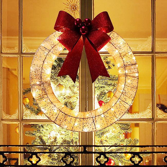 Christmas Garland 50CM Luminous LED Warm Light Metal Luminous Wreath With Big Bowknot Christmas Front Door Home Holiday Party Door Hanging Decor Hover Image