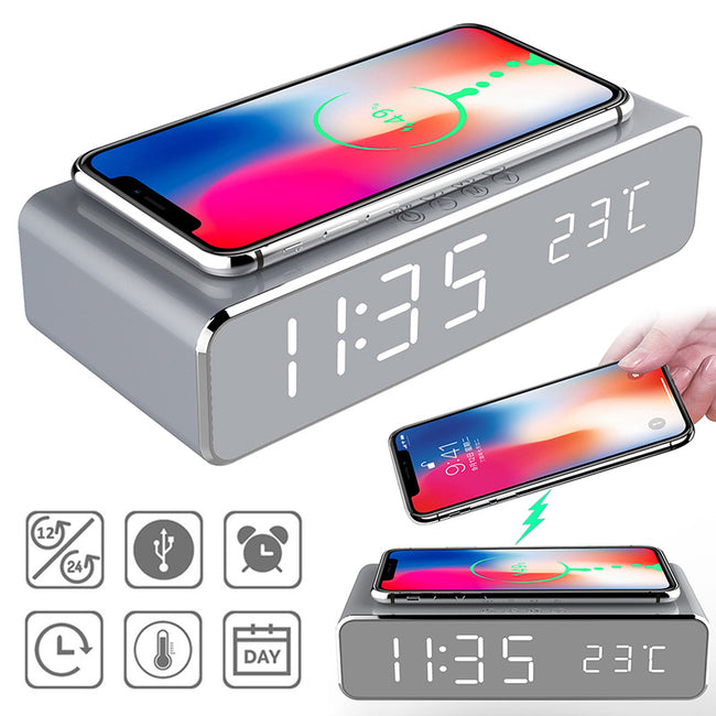 LED Electric Alarm Clock With Wireless Charger Desktop Digital Despertador Thermometer Clock HD Mirror Clock Watch Table Decor Hover Image