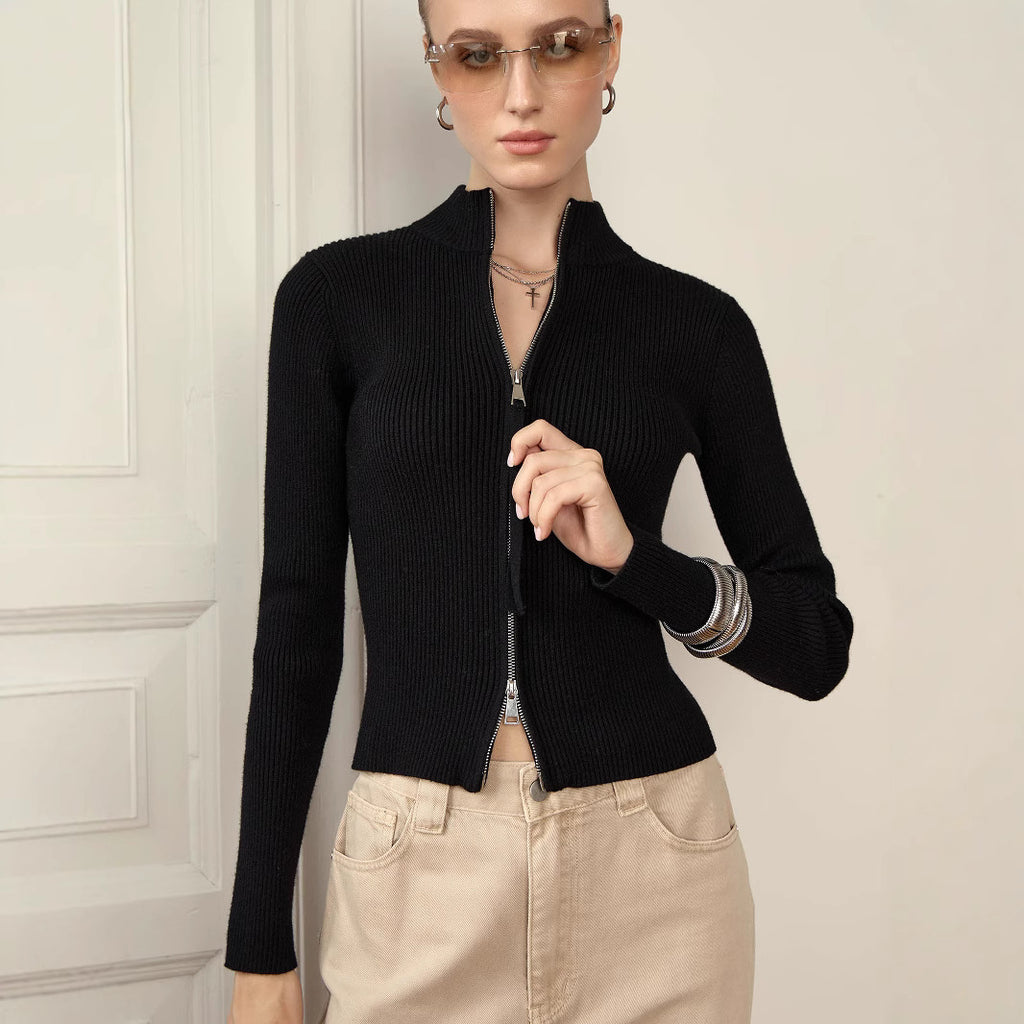 Zipper Slim Fit Top Stand Collar High Waist Trendy Long-sleeve Sweater Bottoming