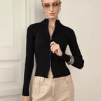 Zipper Slim Fit Top Stand Collar High Waist Trendy Long-sleeve Sweater Bottoming