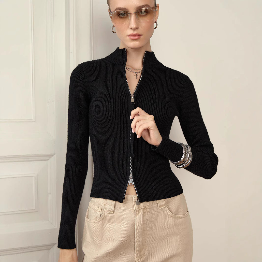 Zipper Slim Fit Top Stand Collar High Waist Trendy Long-sleeve Sweater Bottoming
