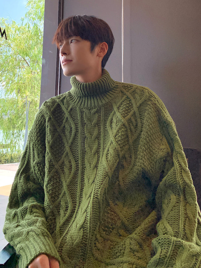 Japanese-style Retro Green Jacquard Turtleneck Sweater Main Image