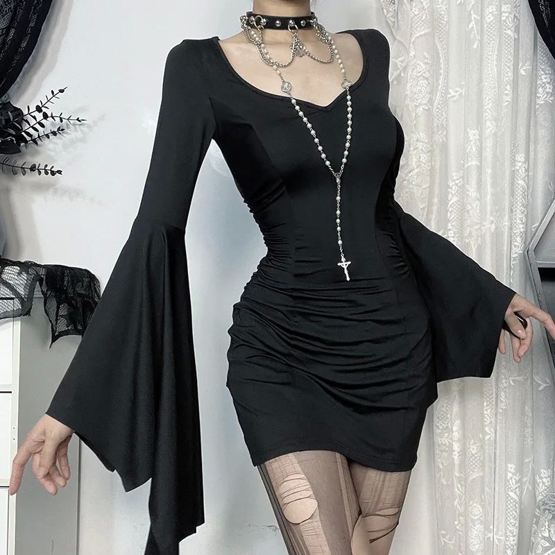 Women's Fashionable Summer New Solid Color And V-neck Long-sleeved Waist Dress