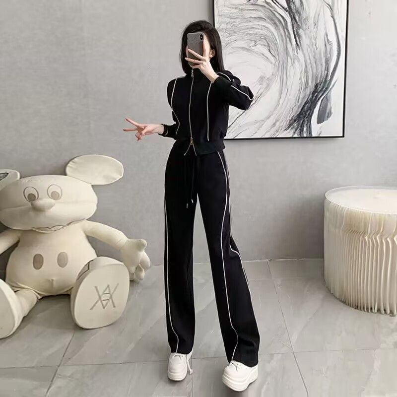 Trend Slimming And Short Zipper Sweater Wide Leg Trousers Two-piece Set