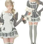 Gray Knitted Top Kitten Embroidered Apron Gray Knitted Cake Dress