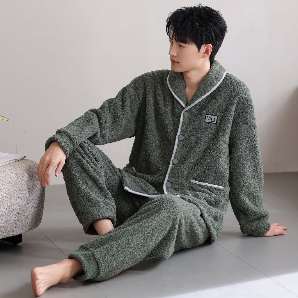 Flannel Thick Warm Long Sleeves Coral Fleece Couple Pajamas Suit