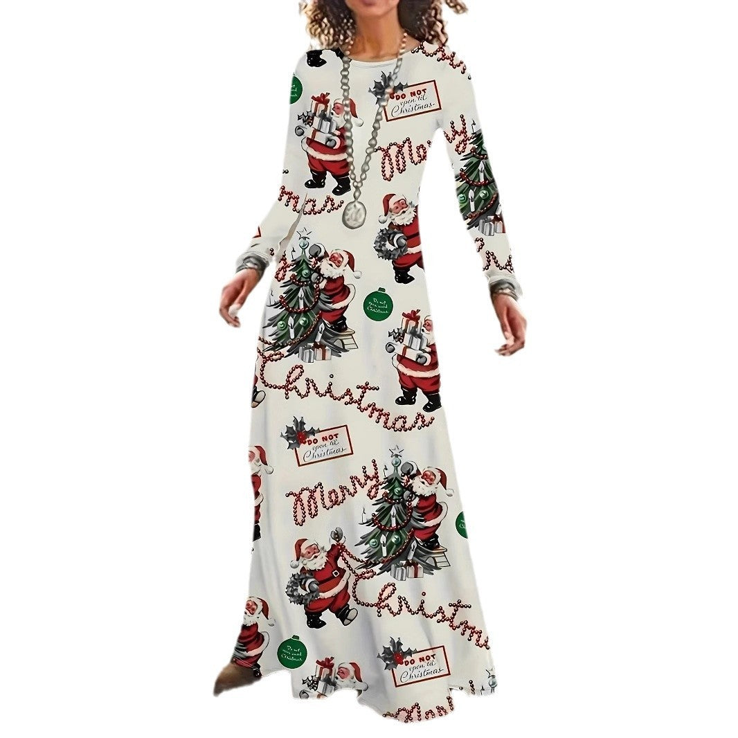 Santa Claus Printed Round Neck Long Sleeve Elegant Dress