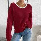 Women's Bow Sweater Long Sleeve Top, Open Back Crew Neck Split Pullover, Fall Trendy Going Out Sweater