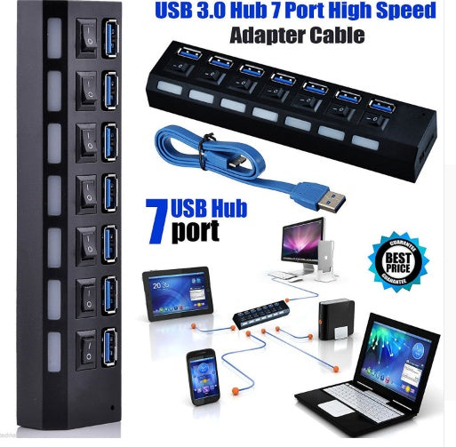 7PORT USB3.0 EXTERNAL HUB HIGH SPEED WITH POWER ADAPTER Hover Image