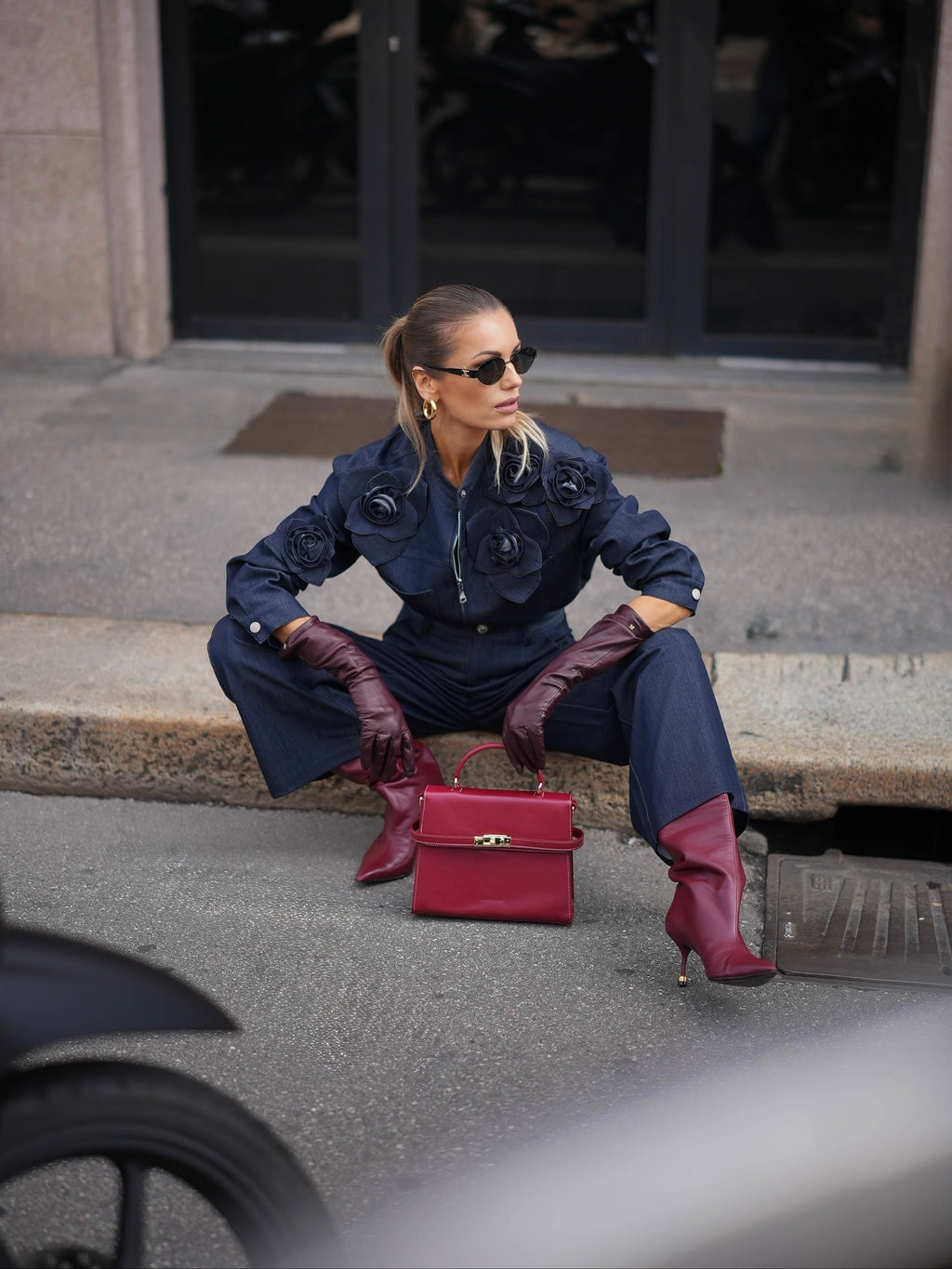 3D Floral Embellishments Shirt & High-Waisted Jeans Denim Set