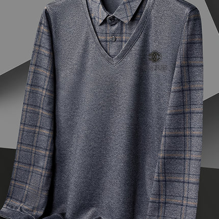 Men Long Sleeve Faux Two Piece Polo Shirt For Spring Fall