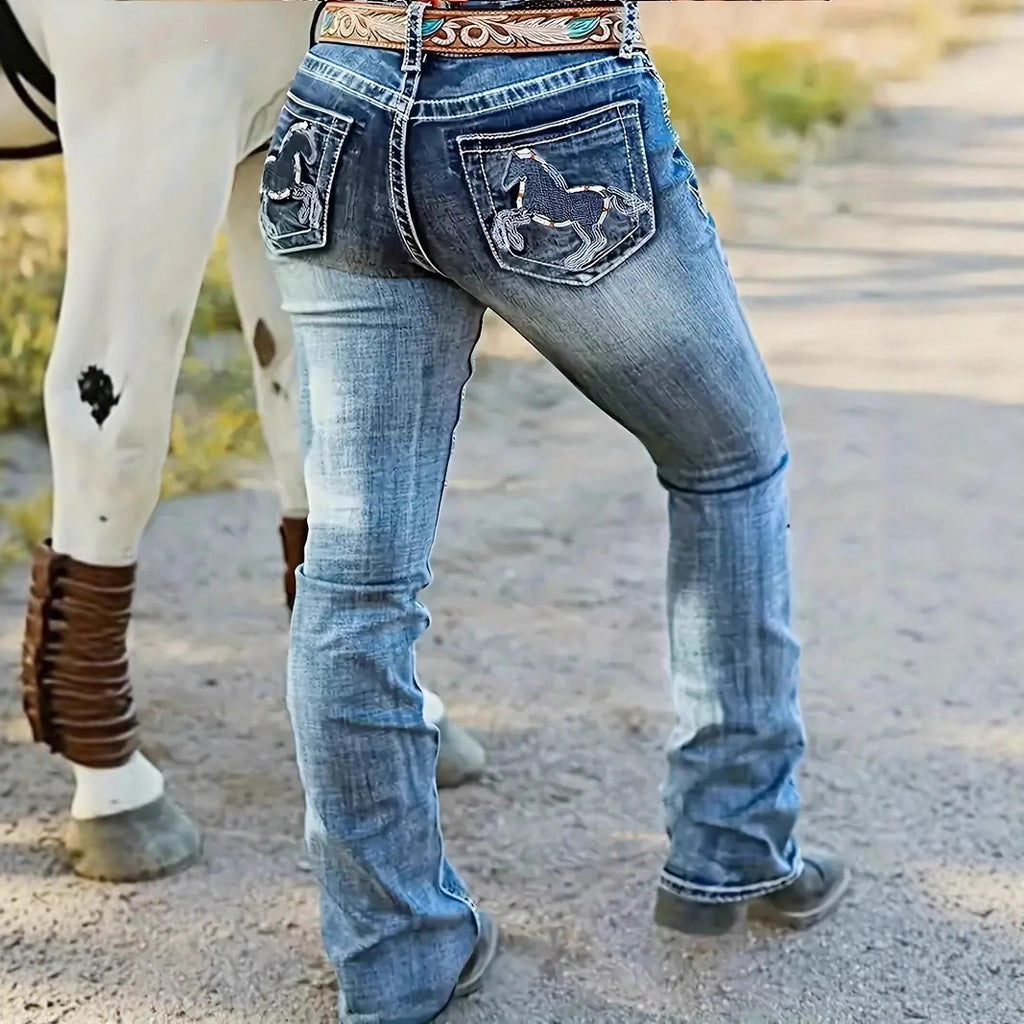 Hatchet Man Embroidery Women's High Waist Stretch Heavy Industry Washed Denim Straight-leg Trousers