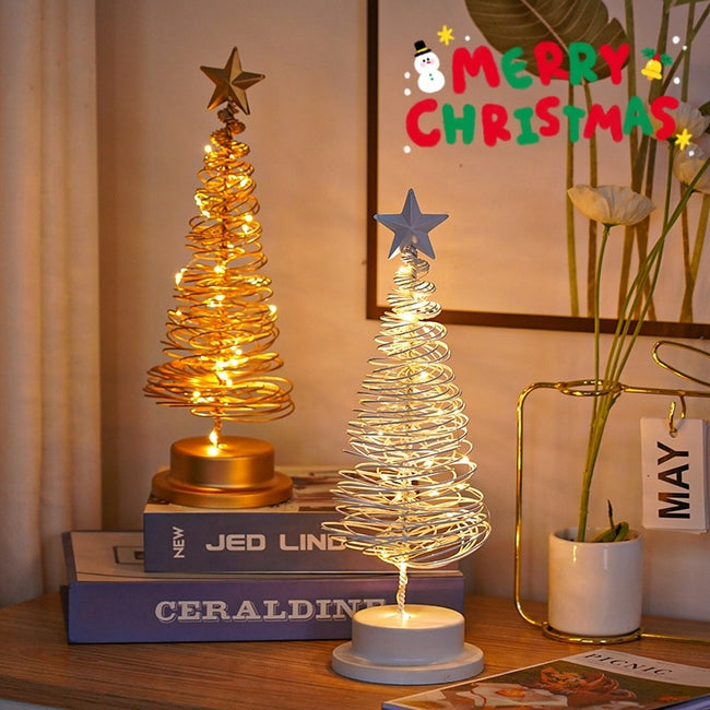 LED Christmas Tree Spiral Light Table Ornament Wrought Iron Xmas Tree Bedroom Desk Lamp Christmas Atmosphere Night Light Decor Hover Image