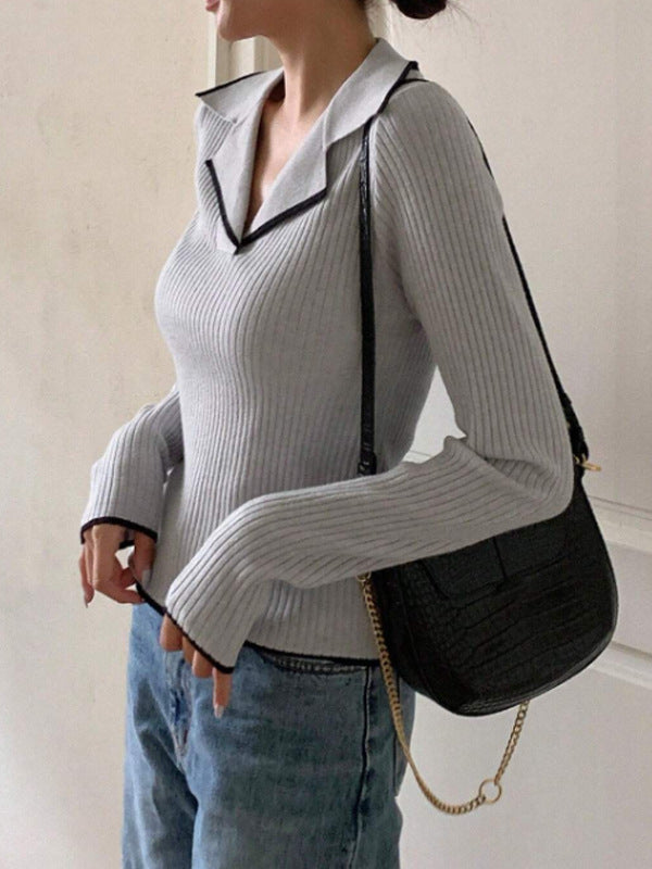 V-neck Hemmed Pullover Sweater Vertical Pattern Sunken Stripe Solid Color